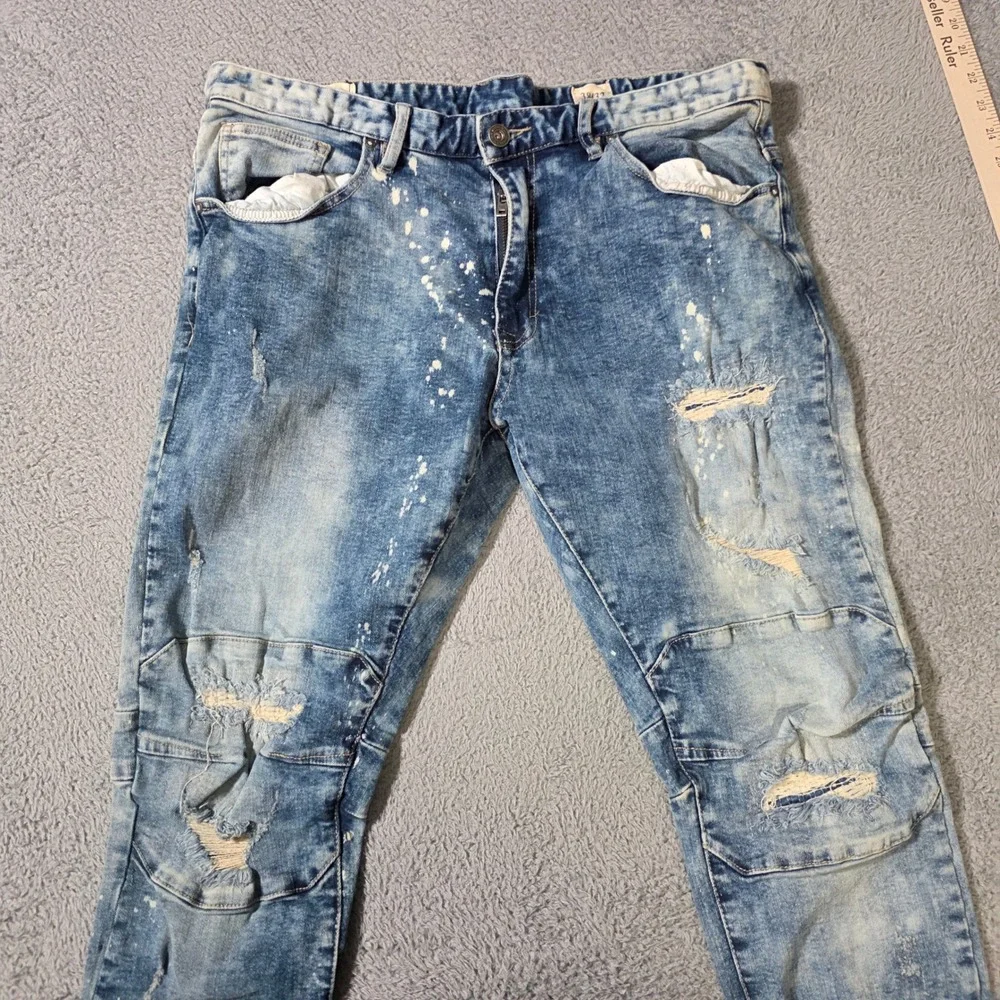 Smoke Rise Mens 38x32 Moto Jeans Blue Acid Wash Paint Splatter Distressed Biker